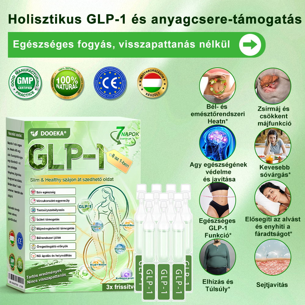 DOOEKA® GLP-1 8 az 1-ben Karcsúsító és Egészségmegőrző Megoldás ✅ Támogatja az elhízás, cukorbetegség, szív- és érrendszeri egészség, alvási apnoe és ízületi problémák kezelését, miközben feszesíti a bőrt és növeli az energiaszintet.