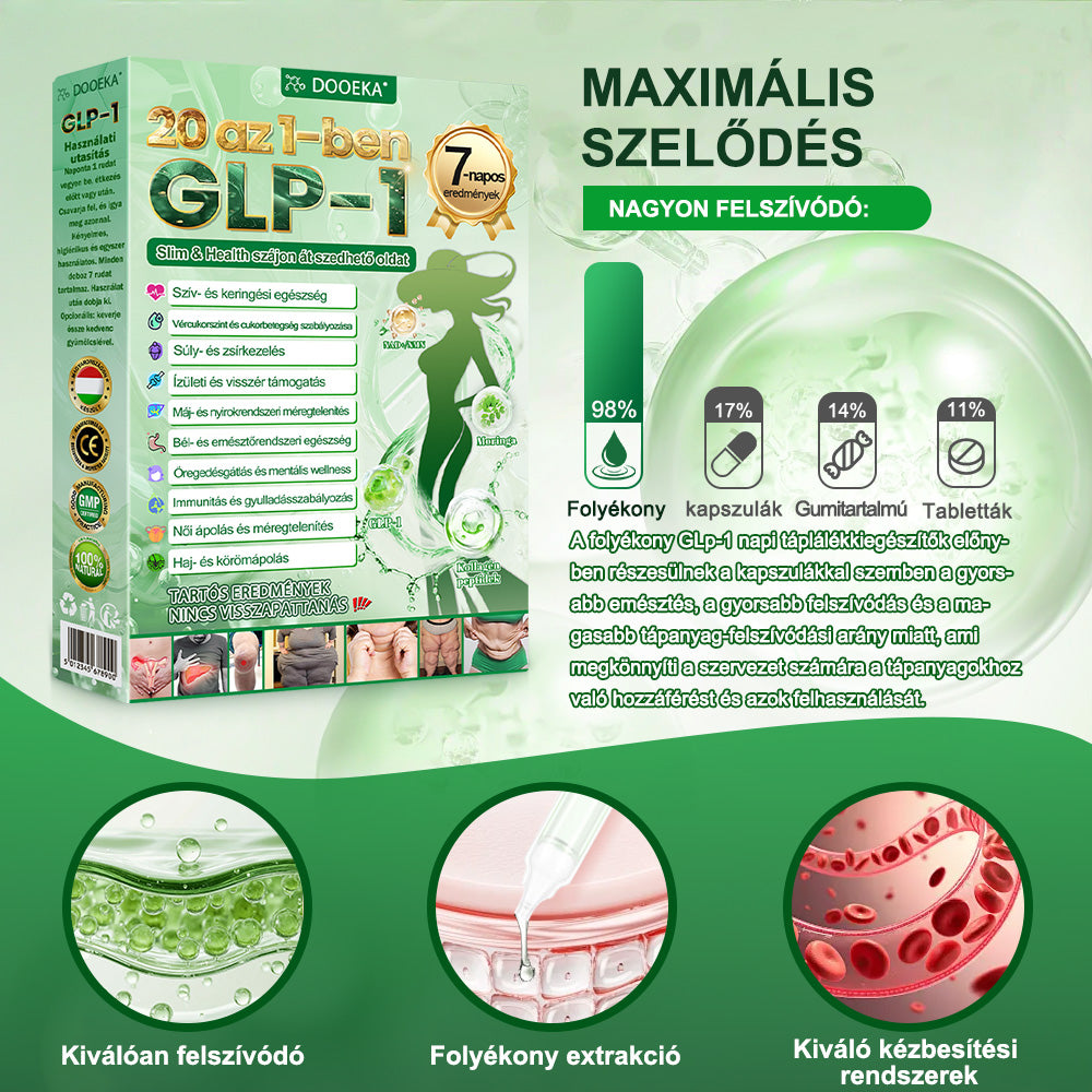 DOOEKA® GLP-1 20-az-1 Slim & Health Orális Oldat – Egyszerű napi használat, látványos eredmény 7 nap alatt, 100 milliárd aktív probiotikummal ✅ testsúlykezelés, szív-, cukorbetegség-, bél- és női egészség, feszes bőr, energia.
