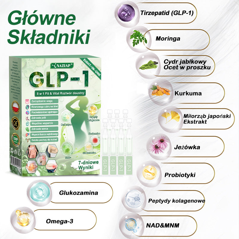 ✨✨NAZIAP® GLP-1 8 w 1 Fit & Vital roztwór doustny – Raz dziennie, widoczne zmiany w ciągu 7 dni / W przypadku otyłości, zdrowia serca i układu krążenia, cukrzycy, bezdechu sennego, zdrowia jelit, problemów ze stawami i wielu innych