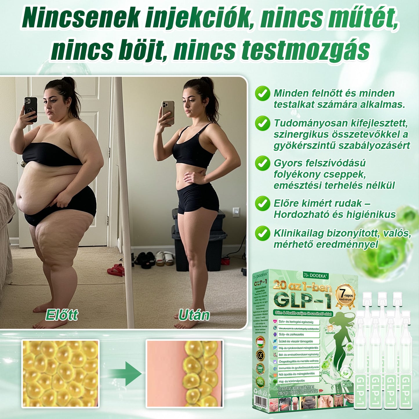 DOOEKA® GLP-1 20-az-1 Slim & Health Orális Oldat – Egyszerű napi használat, látványos eredmény 7 nap alatt, 100 milliárd aktív probiotikummal ✅ testsúlykezelés, szív-, cukorbetegség-, bél- és női egészség, feszes bőr, energia.