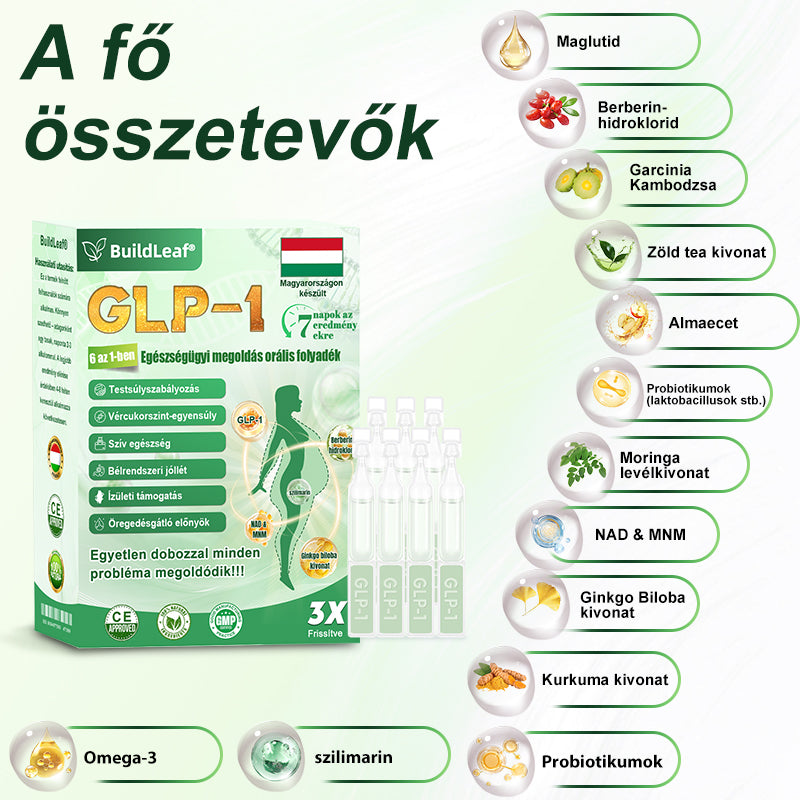 ✈️BuildLeaf® GLP-1 6 az 1-ben egészségügyi oldat szájon át szedhető folyadék ✅ Elhízás, szív- és érrendszeri egészség, cukorbetegség, alvási apnoe, bélrendszeri egészség, ízületi problémák és egyebek esetén