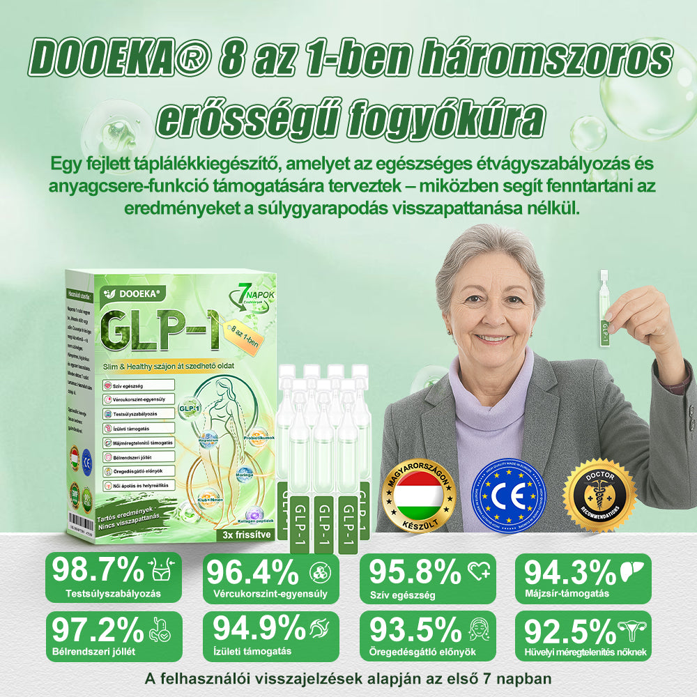 DOOEKA® GLP-1 8 az 1-ben Karcsúsító és Egészségmegőrző Megoldás ✅ Támogatja az elhízás, cukorbetegség, szív- és érrendszeri egészség, alvási apnoe és ízületi problémák kezelését, miközben feszesíti a bőrt és növeli az energiaszintet.